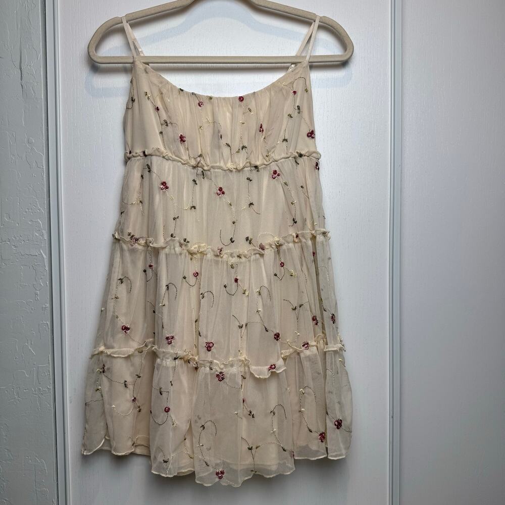 Trixxi Cream Embroidered sleeveless Mesh Floral Adjustable Straps Dress Small